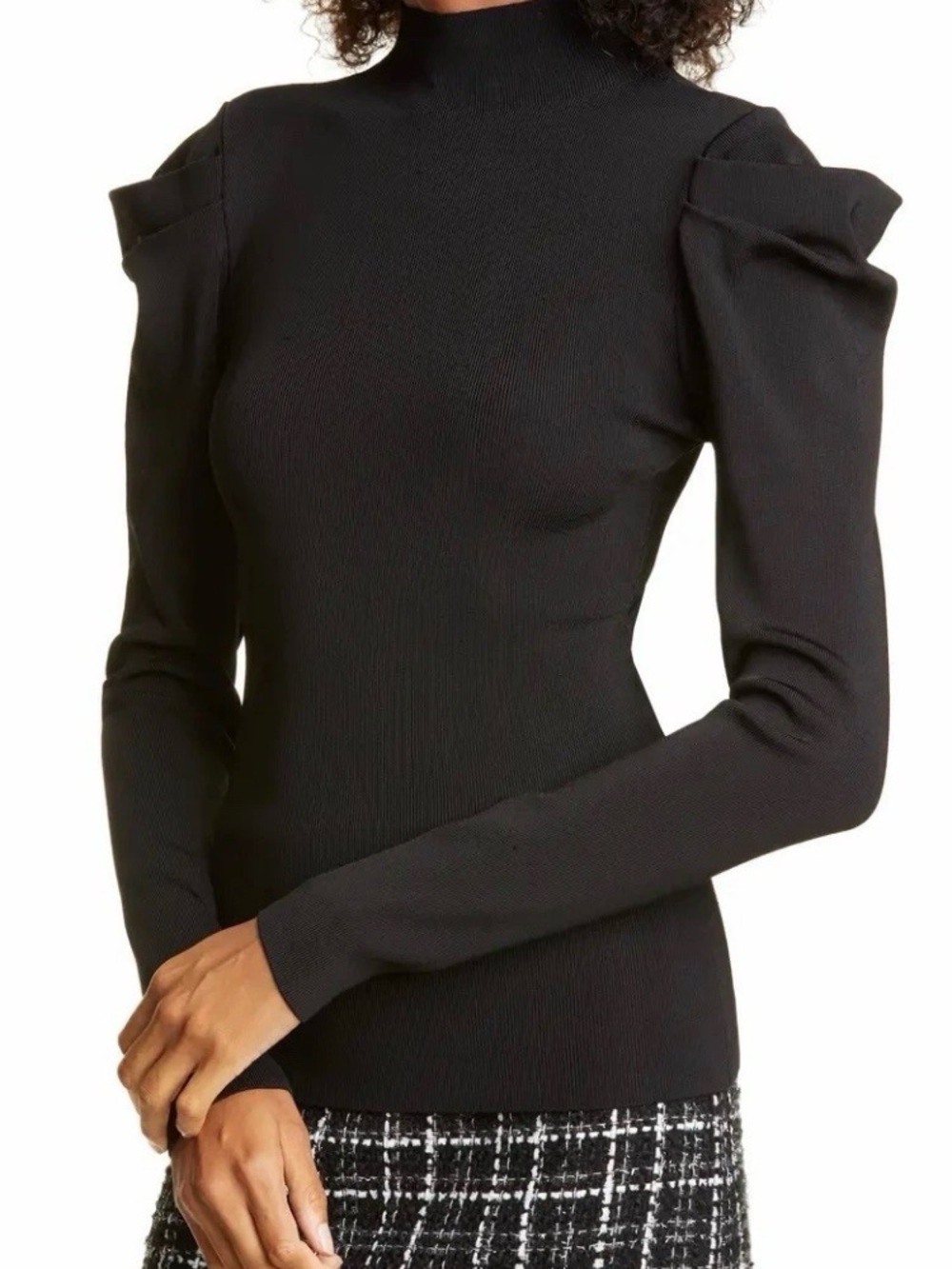 Alice + Olivia Black CeCe Dramatic Long Puff Sleeve Ribbed Sweater Sz XS NWT
